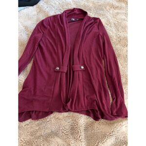 CURE Women Burgundy Open Front Draped Shawl Collar Button Tab Cardigan Size M
